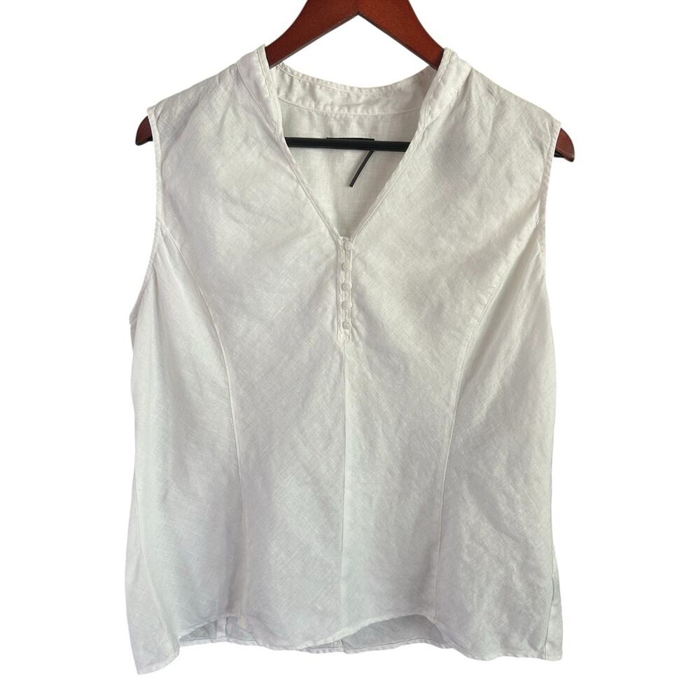 Stella Carakasi Womens L 100% Linen Sleeveless Blouse White V Neck Button Top